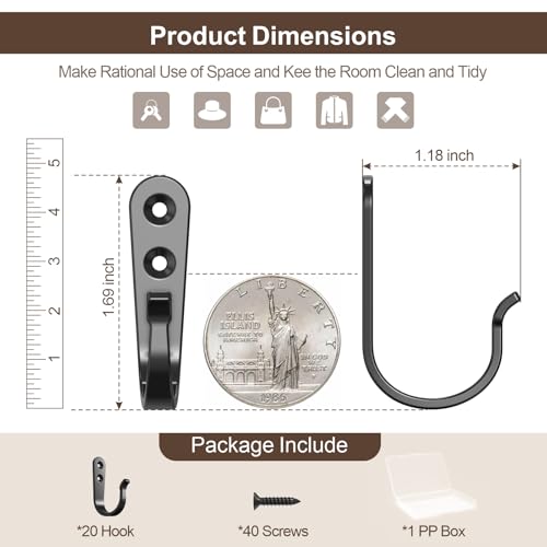 Heavy Duty Black Metal Towel Hooks for Bathroom - 20 Pack