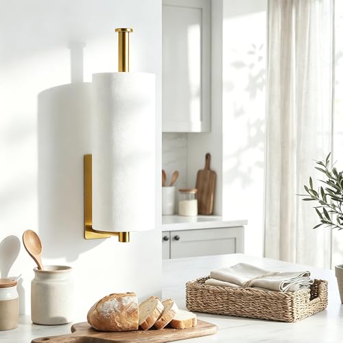 Gold Stainless Steel Under Cabinet Paper Towel Holder - Self-Adhesive Wall Mount Kitchen & Bathroom Organizer