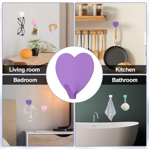 Hordion 8PC Heart Shaped Wall Hooks - Purple Decorative Adhesive Hooks