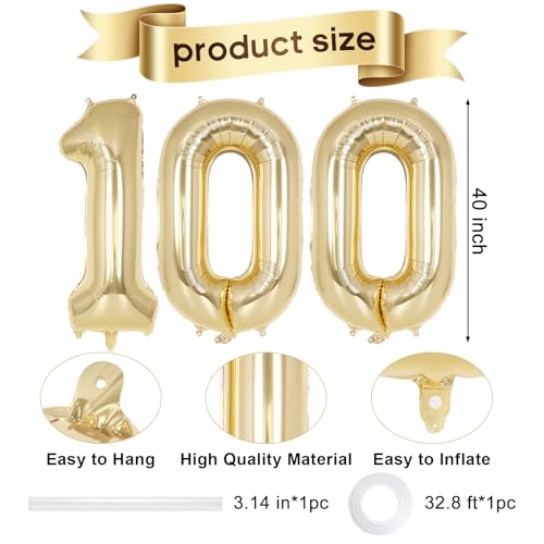 40 Inch Champagne Gold Number 100 Balloons - Giant Foil Mylar Party Decor