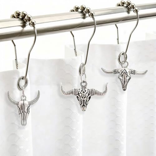 Set of 12 Bull Skull Decorative Shower Curtain Hooks