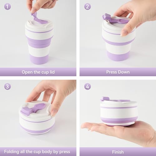 12oz Collapsible Cup for Traveling, Collapsible Silicone Travel Cup for Hot and Cold Drinks, Leak Proof Silicone Folding Travel Coffee Mug for Camping & Hiking, BPA Free Purple