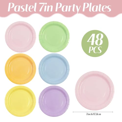 BOKFJBP 48Pcs Pastel Rainbow Paper Plates - 7 Inch Disposable Party Plates Set