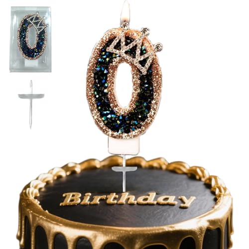Number 0 Birthday Candle with Golden Crown | Black Glitter Design