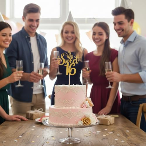 Gold Glitter Sweet 16 Cake Topper - Elegant Party Decoration