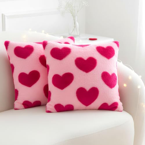Tiggell Valentine Heart Throw Pillow Covers 18x18 Inch - Pink & Rose Red (2 Pack)