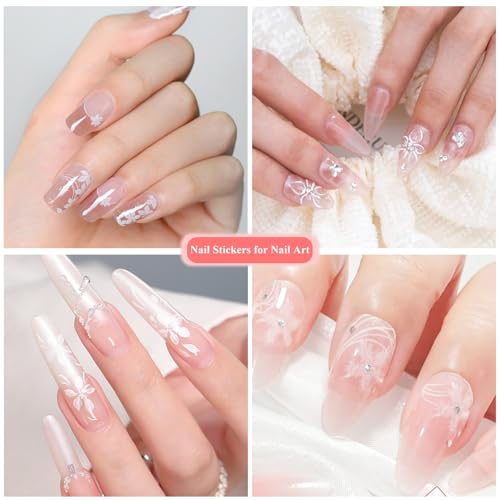 Umillars 30 Sheets White Flower Nail Stickers 3D Self-Adhesive Floral Decals