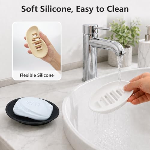 Aenfaiy Silicone Soap Holder - Self-Draining Soap Dish for Shower (Black, 2pcs)