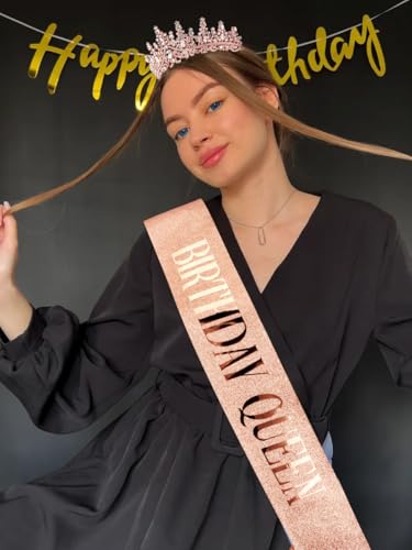 TOBATOBA Birthday Queen Sash and Rose Gold Rhinestone Tiara Set
