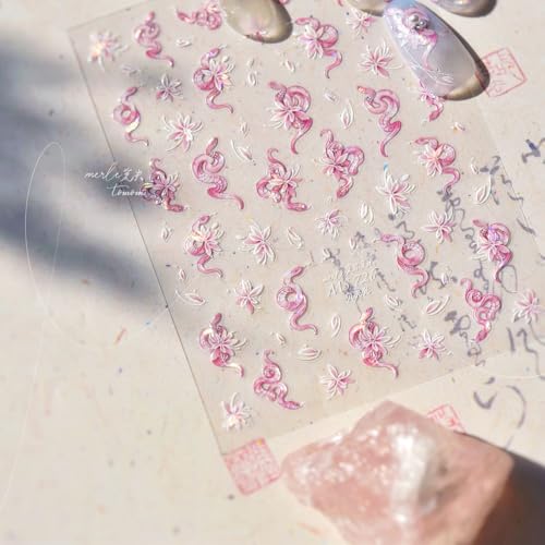 HORVEEN Holographic Floral Snake Nail Art Stickers Pink and White Decals