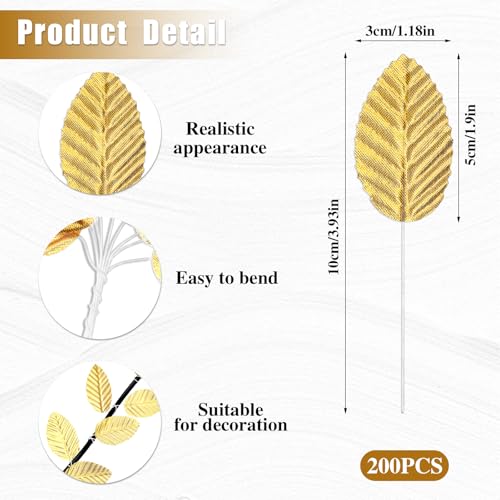 200 Pcs Artificial Gold Leaves with Stems for DIY Floral Crafts & Decor