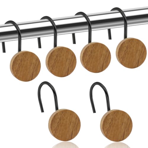 JTDTH Round-Black Wooden Shower Curtain Hooks - Modern Rustic Bathroom Rings, 12 Pack
