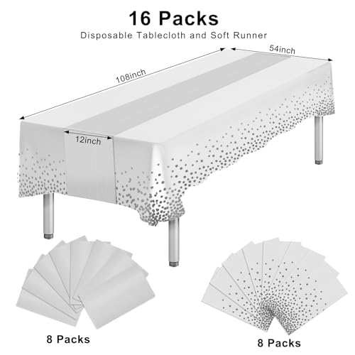 White and Silver Plastic Table Cloth & Satin Table Runner Set - 16 Pack