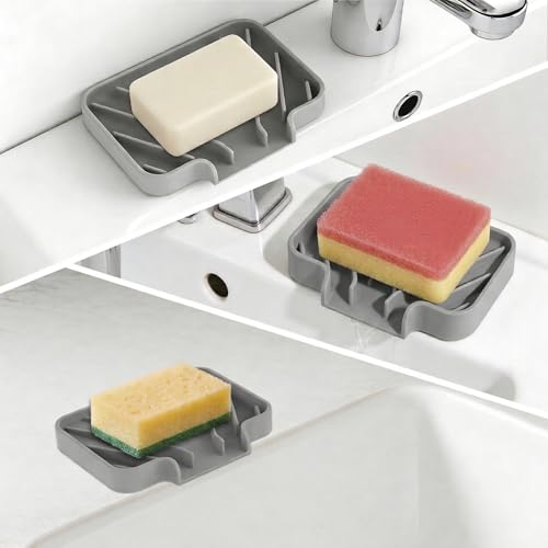 GUUKIN Gray Sponge Holder for Kitchen Sink - 5x3.5 Inch Auto-Draining Soap Tray & Organizer