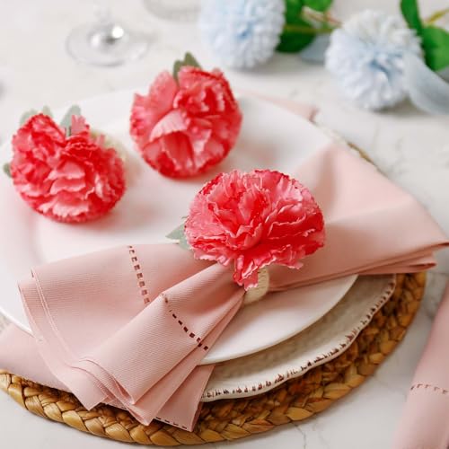Wonlex Pink Flower Napkin Rings Set of 6, Faux Carnation Serviette Holders