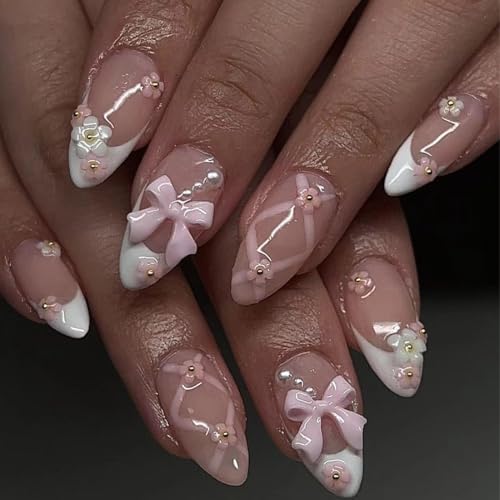 ANDGING Almond White Press On Nails Short French Tip Fake Nails with 3D Bow Flower