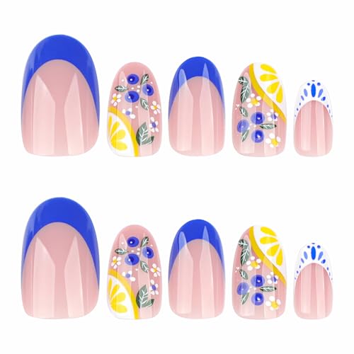 BABALAL Short Oval Press on Nails Blue French Tip with Lemon Design