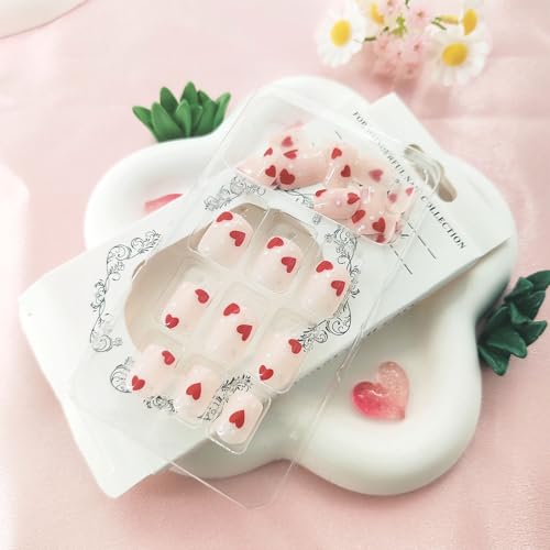 Valentine's Day Short Square Press On Nails with Red Heart Design
