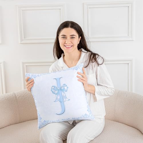 Blue J Throw Pillow Cover 16"x16" - Watercolor Floral Bow Design