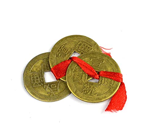 Feng Shui Lucky Three Chinese Coins Tied with Red Ribbon for Wealth