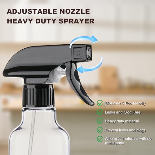 Hethyo 12oz Plastic Spray Bottle, Adjustable Mist and Stream Refillable