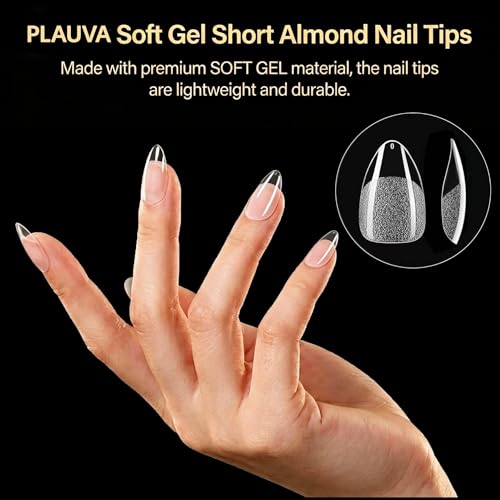 Plauva Short Almond Soft Gel Nail Tips 216 Pcs Pre-Etched Fake Nails