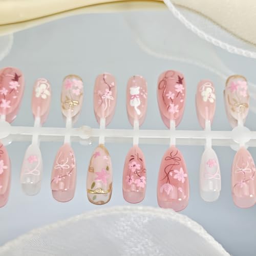 Pink Almond Press on Nails with Cherry Blossom and Bow Design