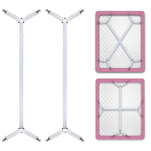 White Bed Sheet Straps Pack of 2, Fitted Sheet Corner Holders, Adjustable Bed Sheet Clips