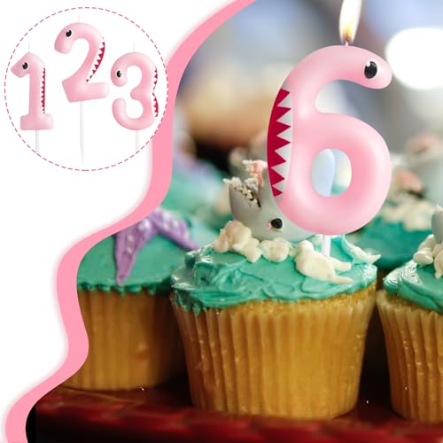 Pink Shark Number 4 Birthday Candle - Ocean Theme Cake Topper