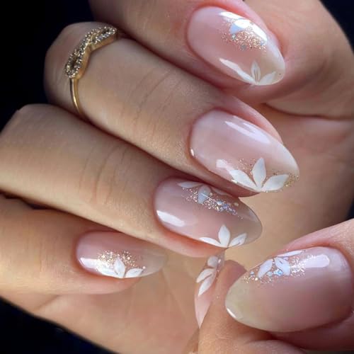 Glitter Pink Press On Nails with Flower Designs Short French Tip False Nails