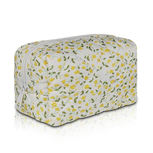 Gosect Quilted Cotton Makeup Bag - Yellow Floral Travel Cosmetic Pouch