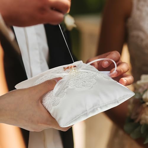Elegant Ivory Satin Ring Bearer Pillow with Lace and Pearl Accent