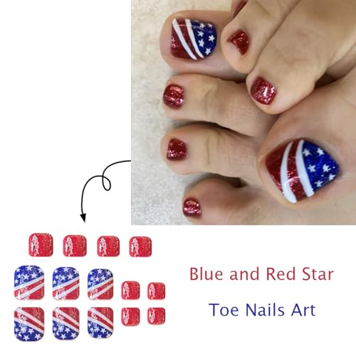 4th of July Short Square Press on Toe Nails Patriotic False Toenails
