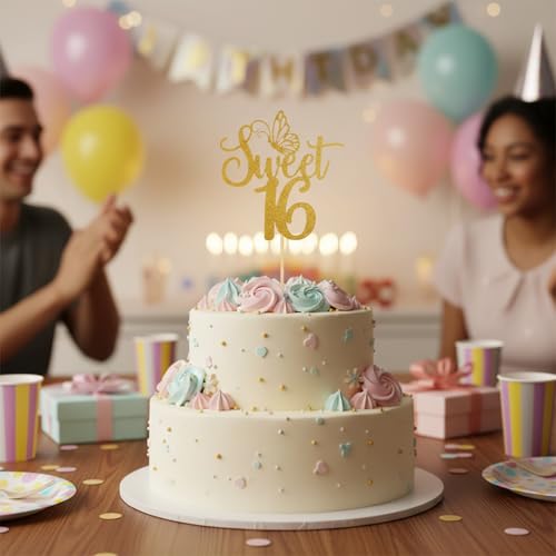 Gold Glitter Sweet 16 Cake Topper - Elegant Party Decoration