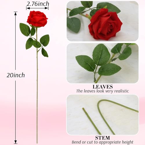 MERIXMAS Red Artificial Velvet Roses, 12-Piece Set with Adjustable Stems