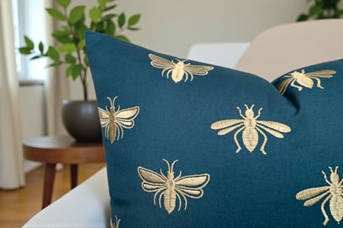 Rudransha Golden Bee Embroidered Pillow Cover, 18x18 Teal Cotton Square