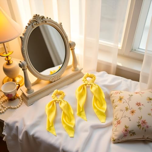 Yellow Satin Ribbon Bow Scrunchies 2-Pack Hair Ties for Ponytails