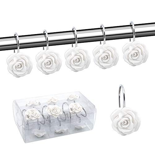 BEAVO White Rose Shower Curtain Hooks - Set of 12 Rustproof Rings