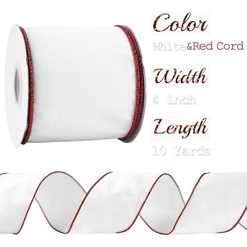 White & Red Edge Faux Dupioni Silk Wired Ribbon 4 Inch x 10 Yards - Christmas & Gift Wrap