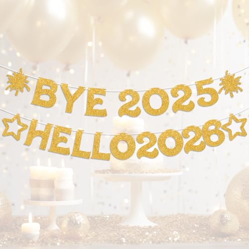 Bye 2025 Hello 2026 New Year Banner - Sparkling Gold Decorations