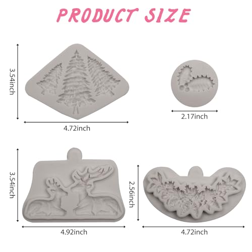 Christmas Silicone Mold Set for Cake Decorating Reindeer Pine Tree Holly