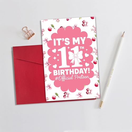 Cute Pink 11th Birthday Card for Girls with Bow & Envelope
