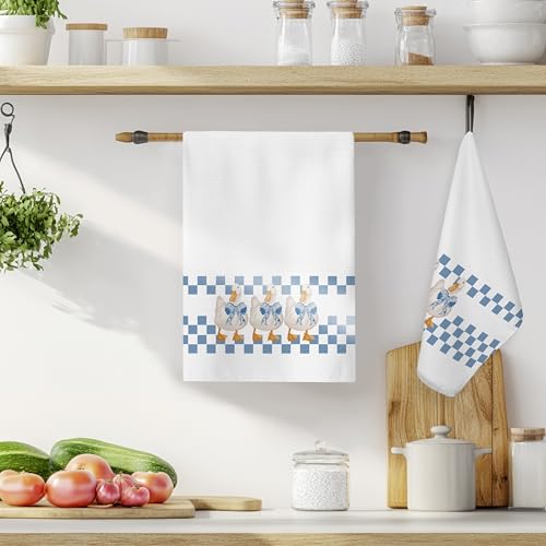 Silly Goose Kitchen Towel - Blue Bow Preppy Retro Checkered Hand Towel