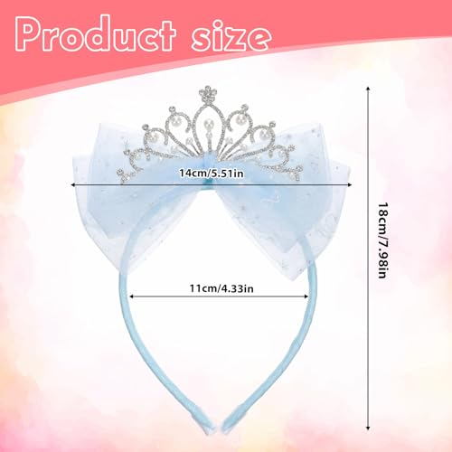Blue Rhinestone Crown Headband with Tulle Bow for Women Birthday Parties
