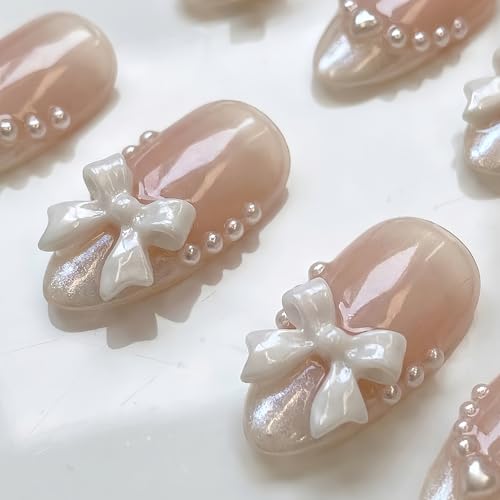 Nude Pink Press On Nails with French Tip & 3D Bow - 24Pcs Medium Almond
