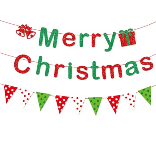 Christmas Banner with Glitter Letters - Red, Green, White Holiday Decor for Classroom & Party