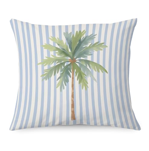 Tropical Palm Tree Blue Striped Pillow Cover 18x18 - Coastal Decor