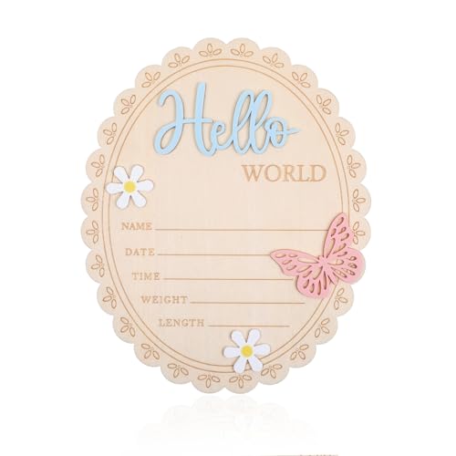 Hello World Newborn Announcement Sign - 5.9x4.7 Inch Wooden Baby Keepsake