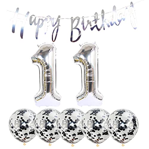 Silver 11th Birthday Decoration Kit - Happy Birthday Banner & Balloons