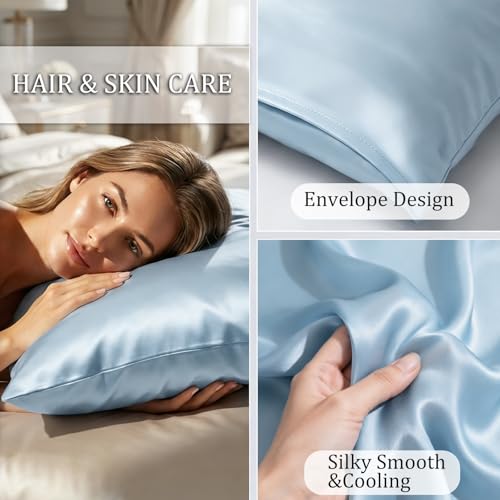 Bcareself Cooling Pillowcase Set, Standard 20x26, Hazy Blue, Breathable Silk